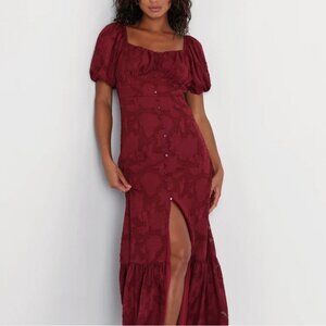 Lulus Dress Womens XL Burgundy Floral Jacquared Ruffle Puff Romantic Bridal Midi